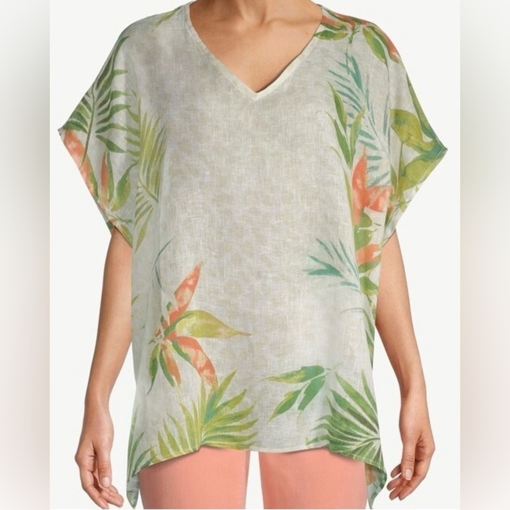 Chico’s Linen Tropical Palm Frond Printed Poncho Blouse Top L/XL